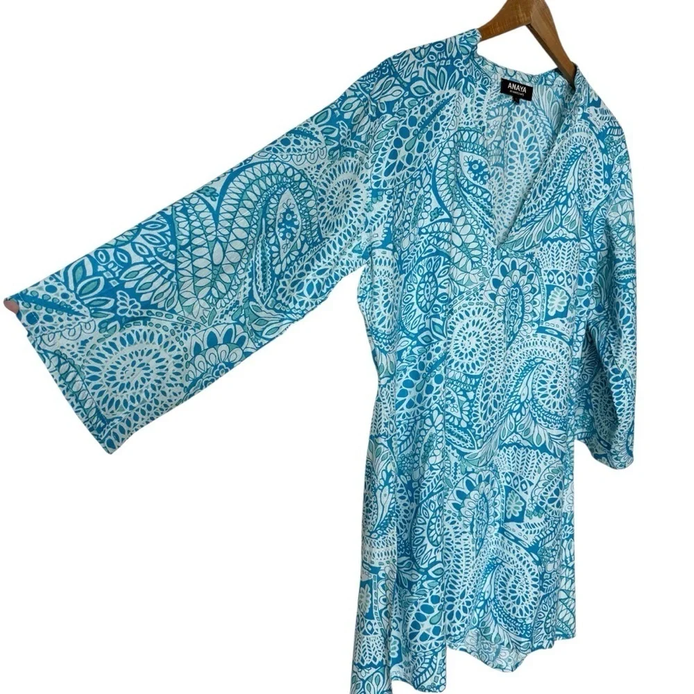 ANAYA Women's XL Blue Paisley Tunic Dress V-Neck Long Sleeve Casual Cotton Beach - Picture 5 of 12